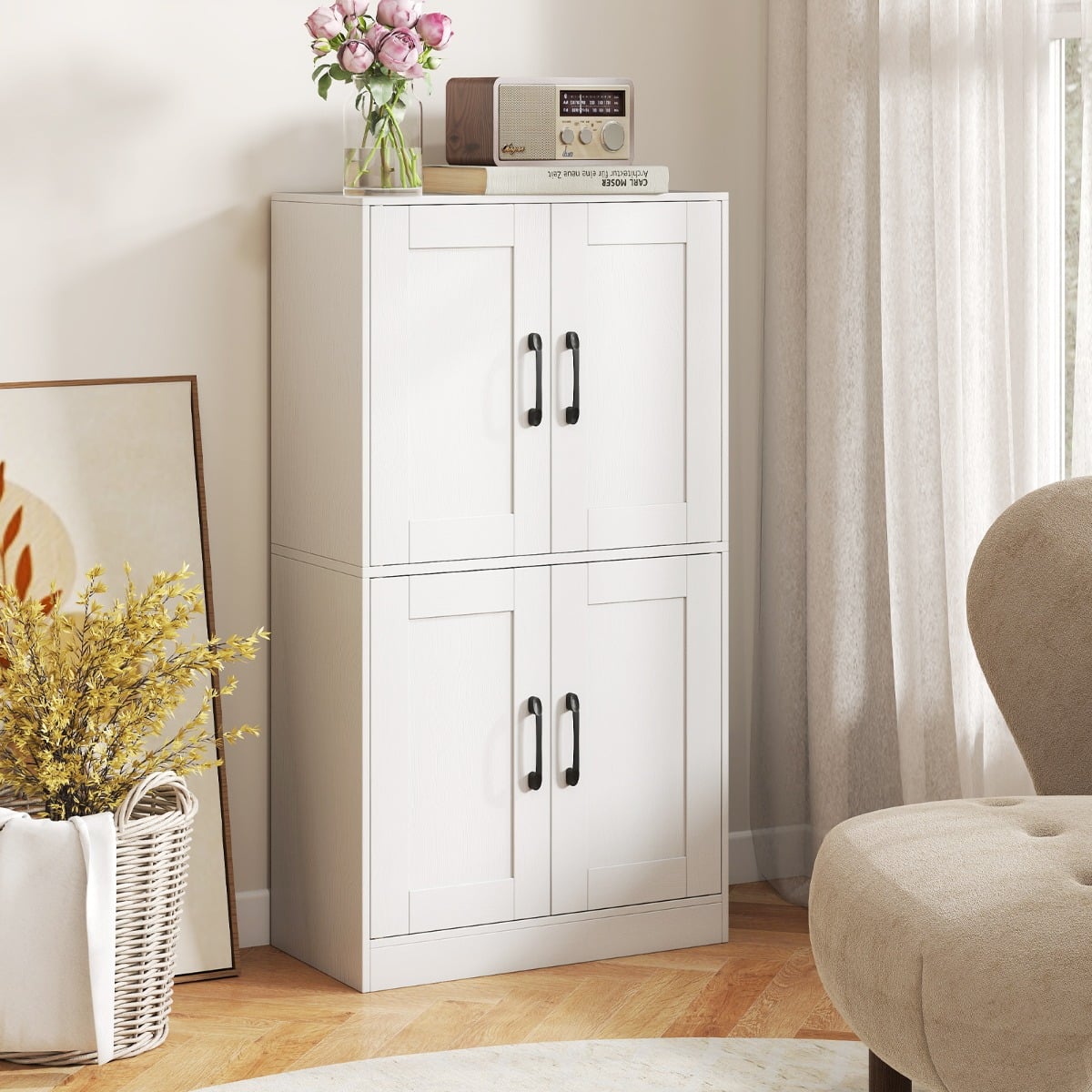 Floor Storage Cabinet with Doors and Adjustable Shelves-White