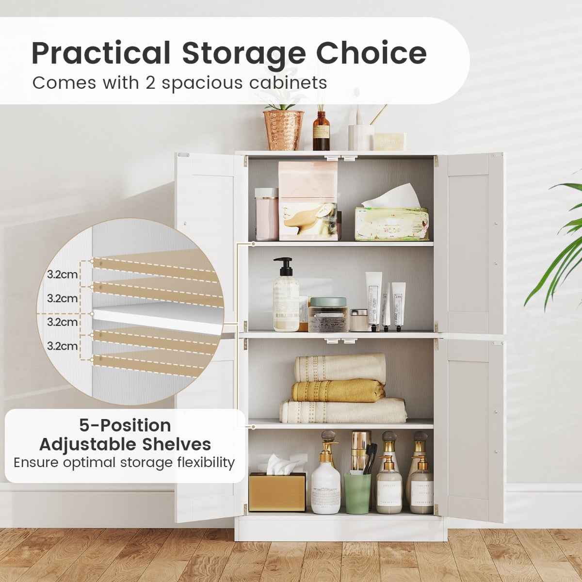 Floor Storage Cabinet with Doors and Adjustable Shelves-White