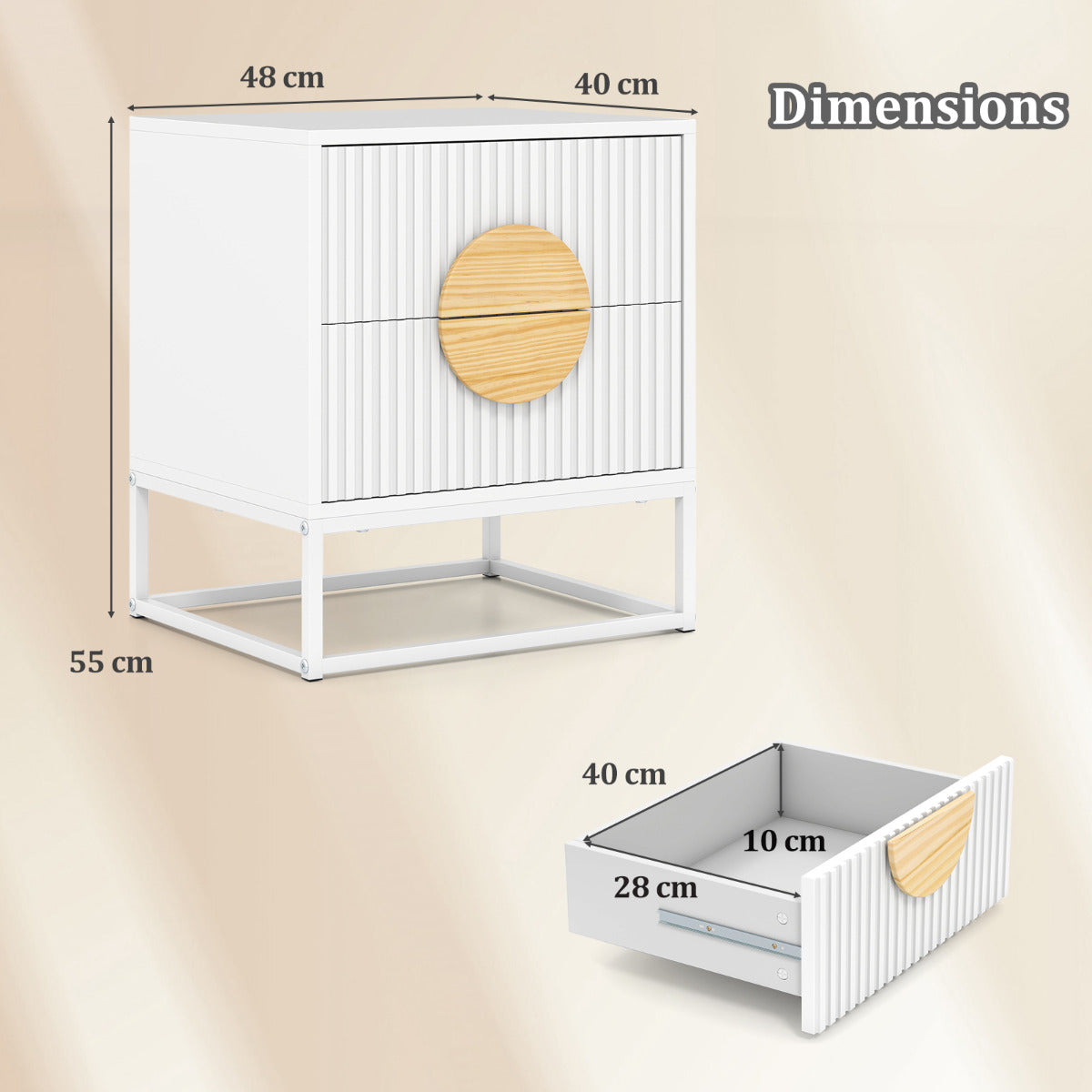 Fluted Nightstand Modern Mid Century Side Table-White