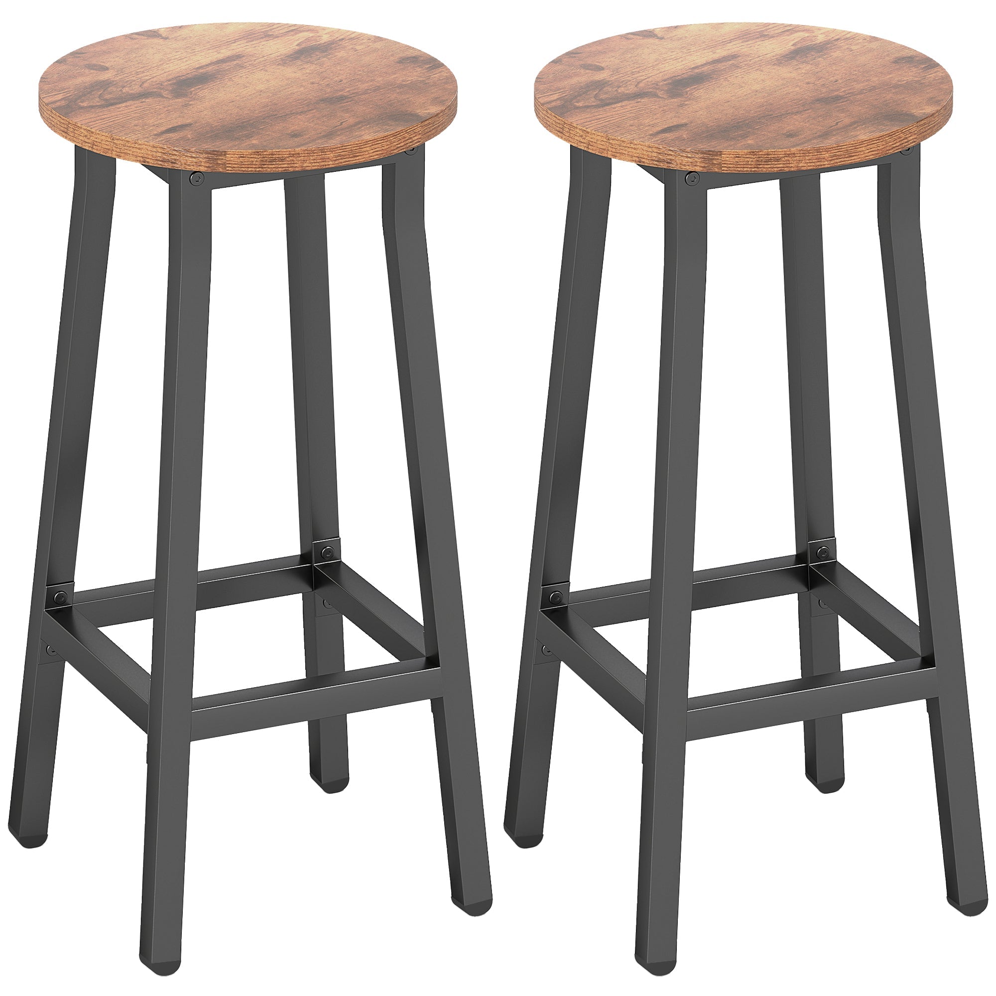 HOMCOM Bar Stools Set of 2 Breakfast Bar Stools with Footrest, Industrial Round, 32 x 32 x 65 cm, Rustic Brown