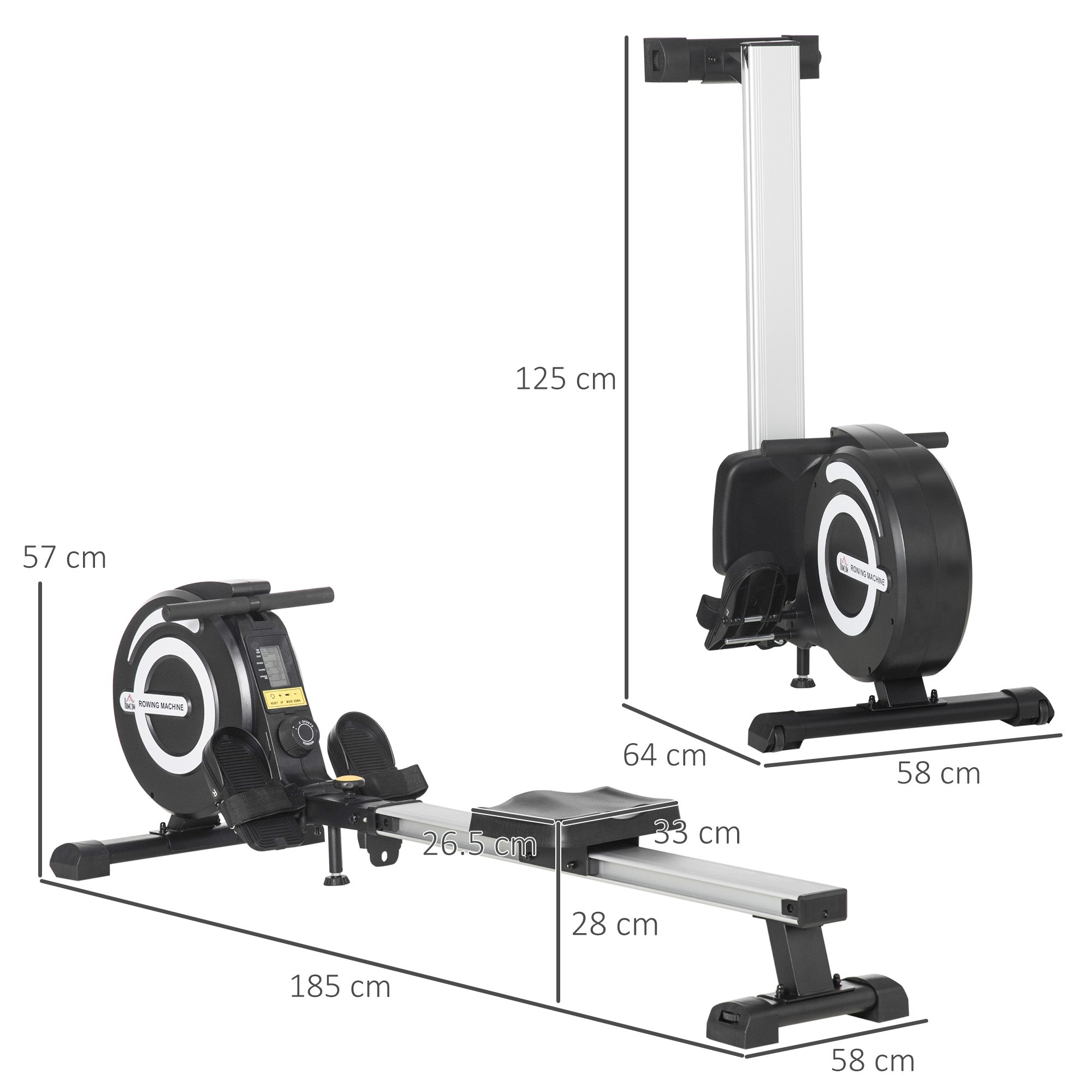HOMCOM Folding Rowing Machine, Magnetic Rower Machine with 8 Levels Quiet Resistance, LCD Monitor, Wheels, Aluminium Slide Rail and Vertical Storage, for Home Gym Cardio Training