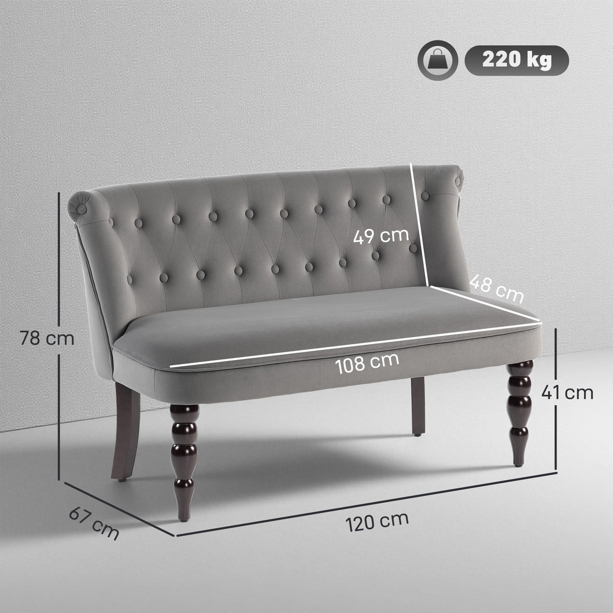 HOMCOM Velvet 2 Seater Sofa, Button Tufted Wingback Loveseat with Rubber Wood Legs for Living Room, Bedroom, Charcoal Grey