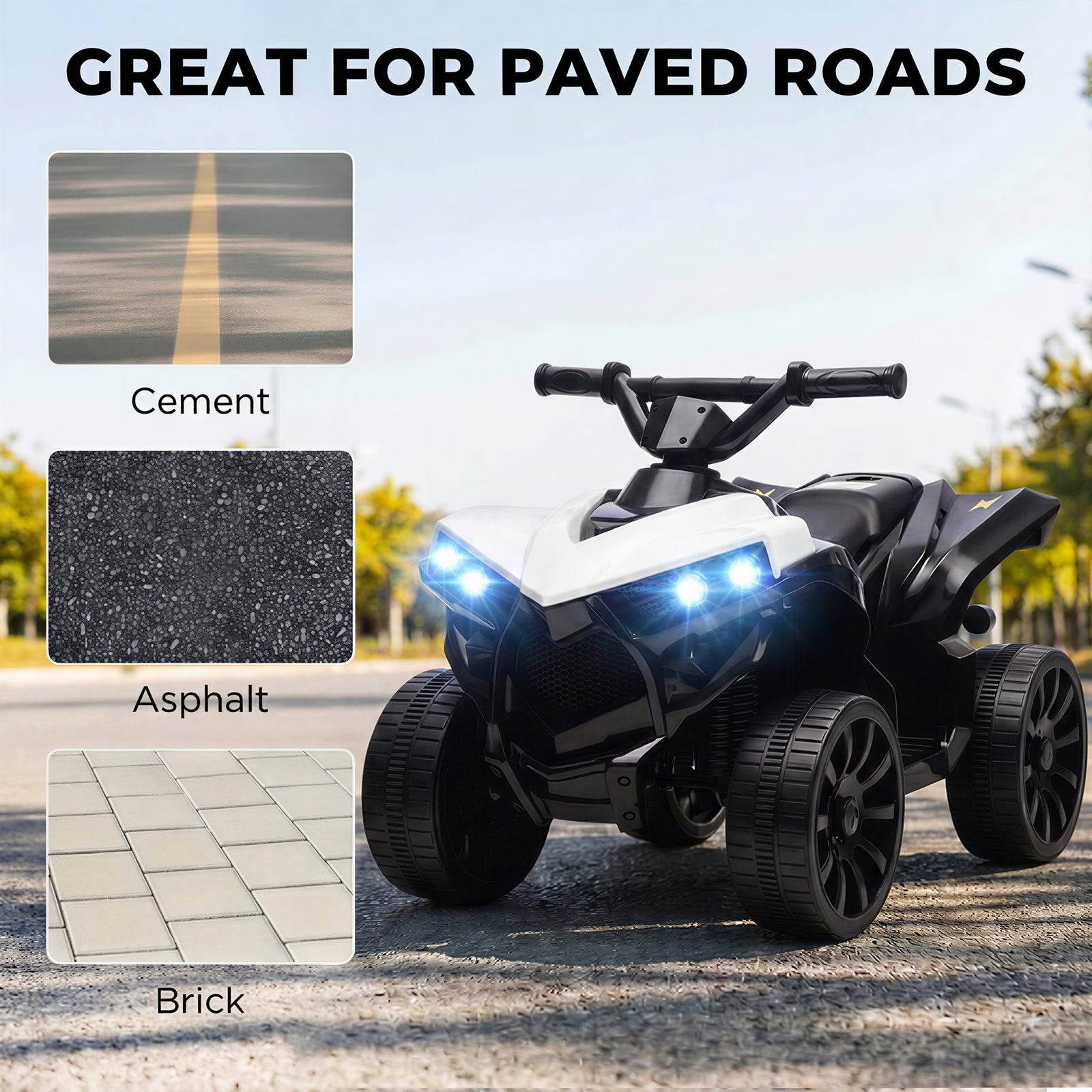 AIYAPLAY 6V Kids ATV, 4 Wheeler Electric Ride on Car with Music and LED Headlights, for Ages 18-56 Months Boys and Girls, White