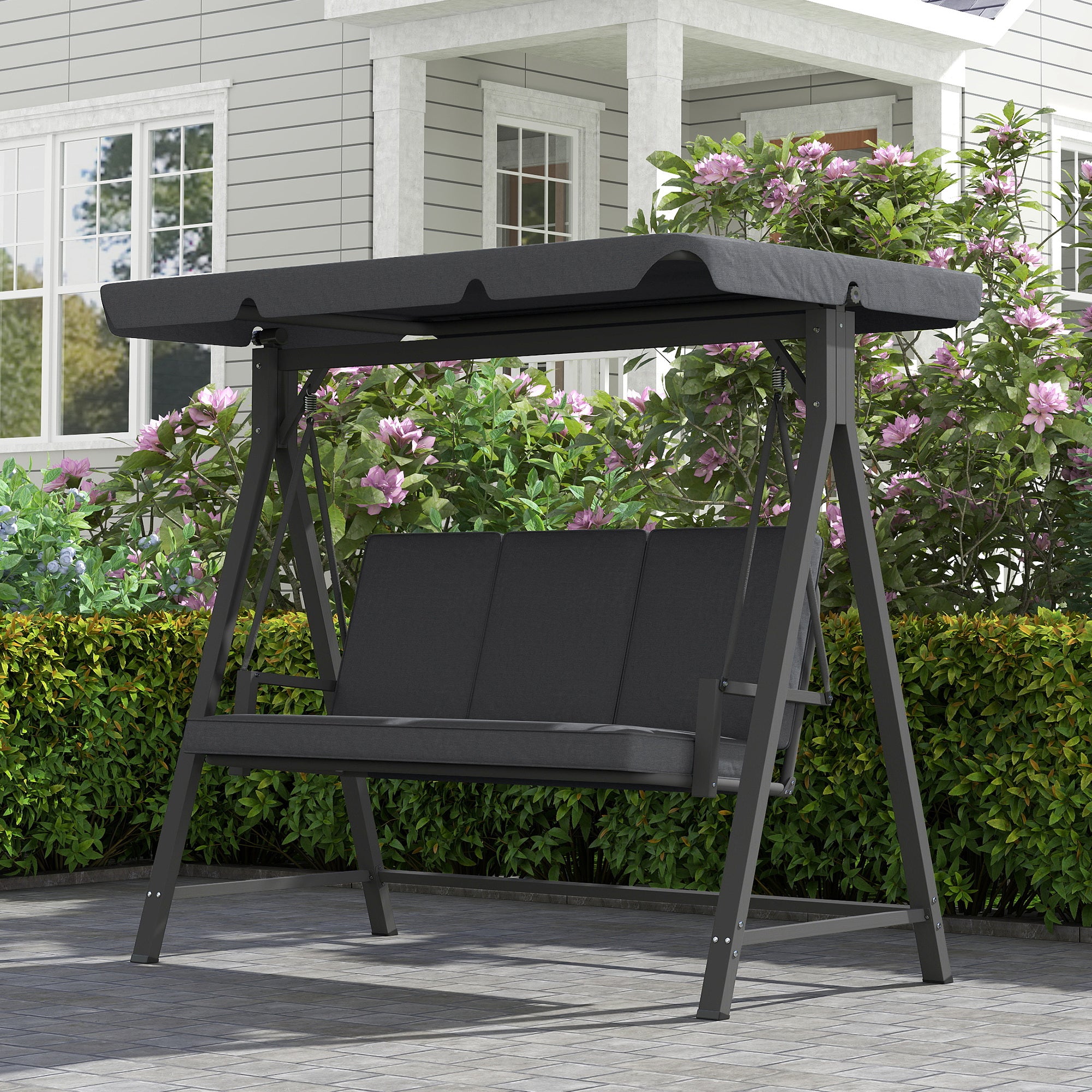 Outsunny Three-Seater Garden Swing Bench, with Adjustable Canopy - Dark Grey
