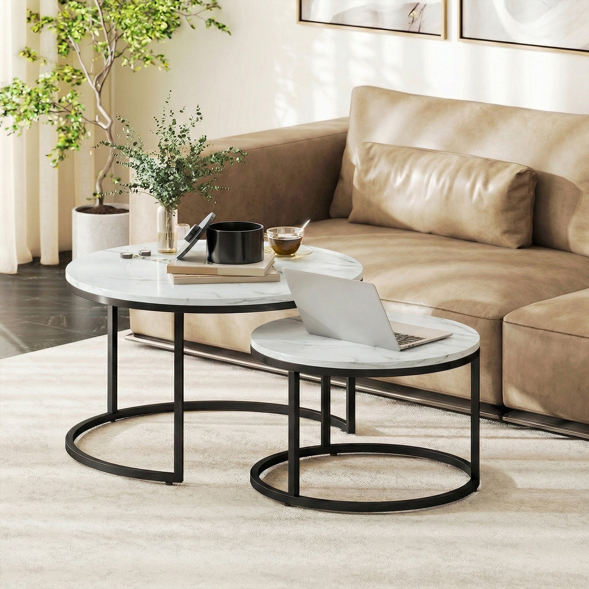 HOMCOM Set of Two Marble-Effect Stacking Tables - White