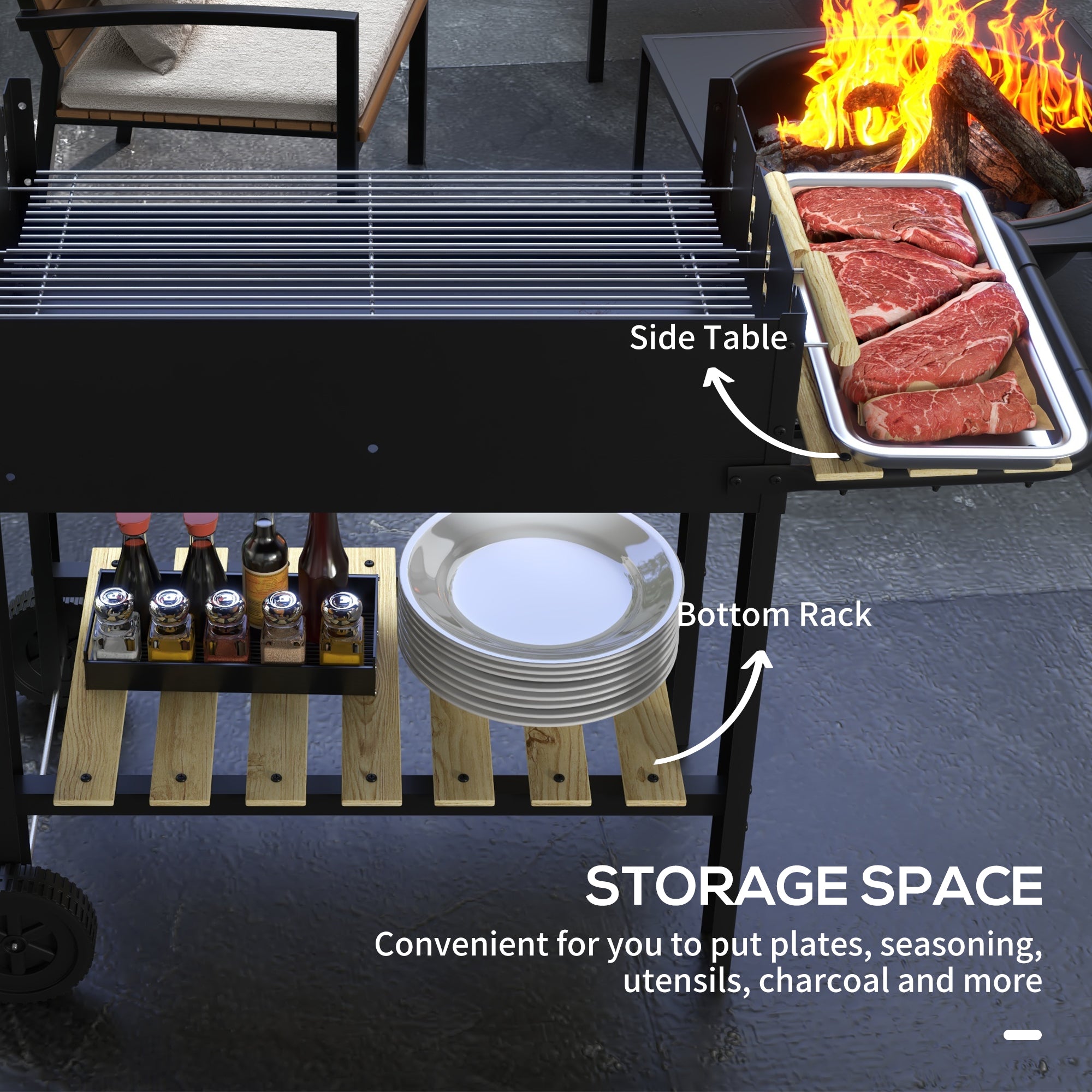 Outsunny Charcoal√Ç BBQ√Ç Grill, Barbecue√Ç Trolley with Double Adjustable Grill, Side Table, Storage Shelf and Wheels for Outdoor Garden Party Cooking, Black