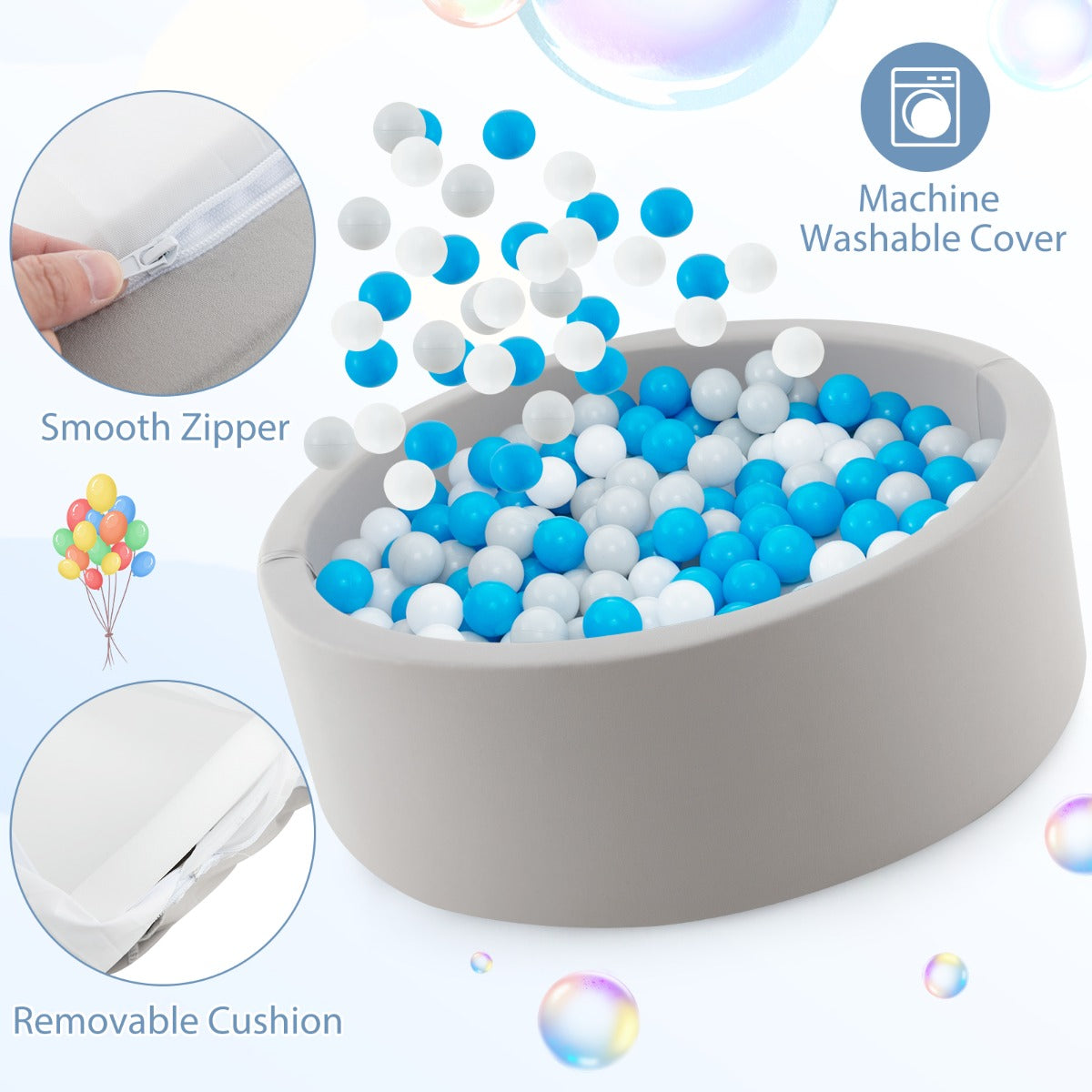 90 x 30cm Soft Round Ball Pool for Toddlers & Baby with 200 Ocean Balls and Storage Bag-White