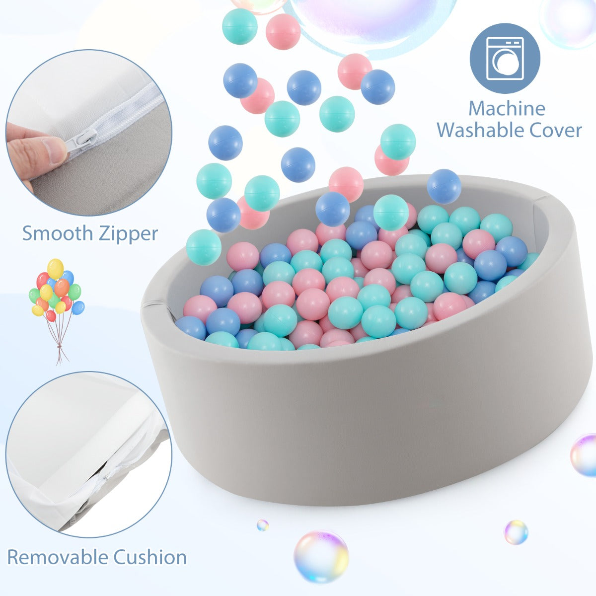 90 x 30cm Soft Round Ball Pool for Toddlers & Baby with 200 Ocean Balls and Storage Bag-Pink