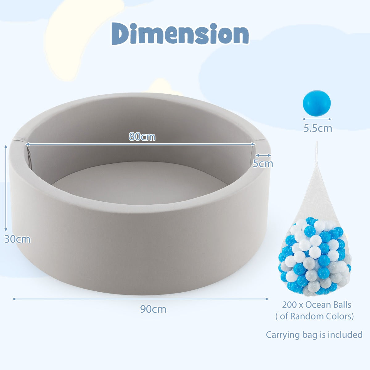 90 x 30cm Soft Round Ball Pool for Toddlers & Baby with 200 Ocean Balls and Storage Bag-White