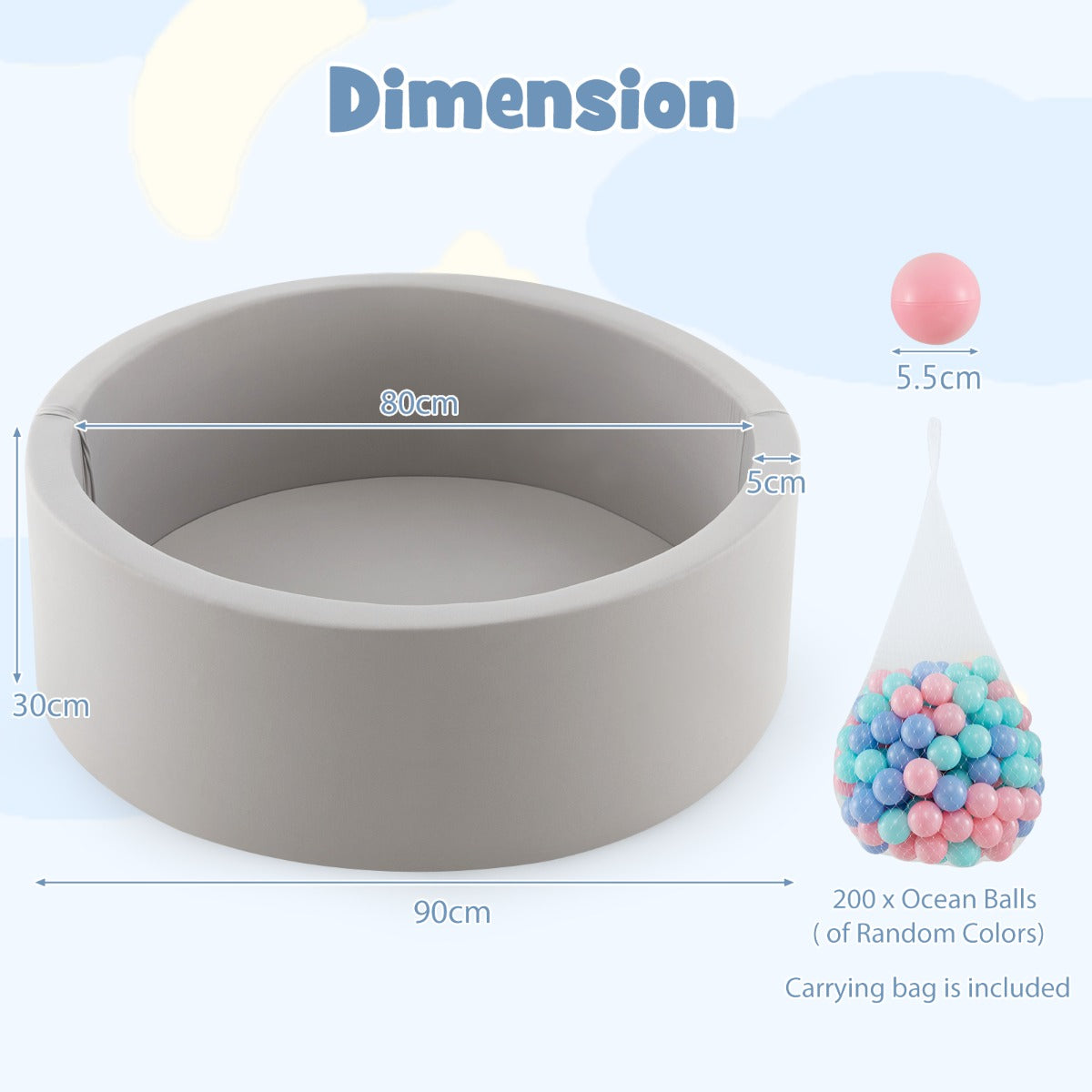 90 x 30cm Soft Round Ball Pool for Toddlers & Baby with 200 Ocean Balls and Storage Bag-Pink