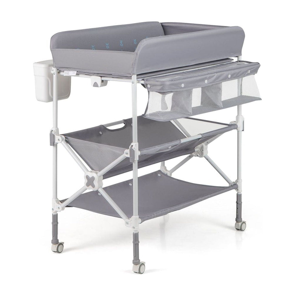 Foldable Baby Changing Table with Wheels and Adjustable Height in grey with storage shelves