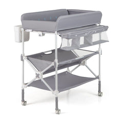 Foldable Baby Changing Table with Wheels and Adjustable Height in grey with storage shelves