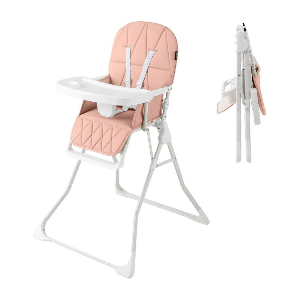 Foldable Baby High Chair with Removable Adjustable Tray in pink, shown open with tray attached