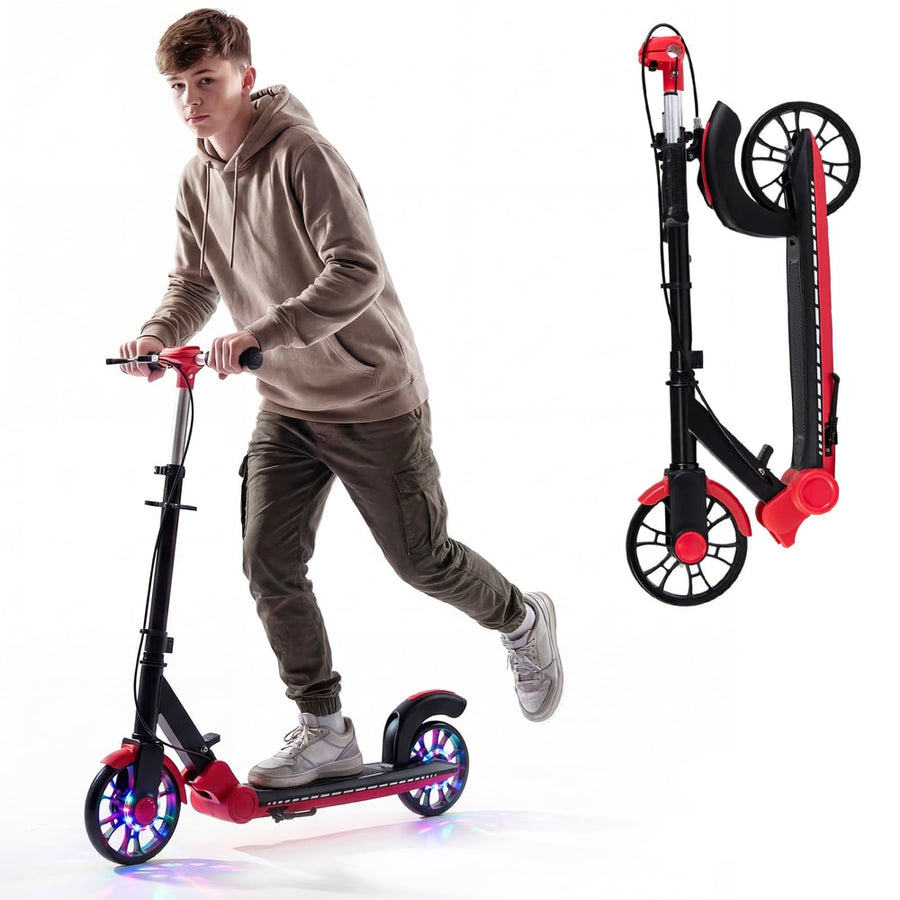 Foldable Kick Scooter with 2 light-up wheels and rear brake in red, shown with a young person riding it