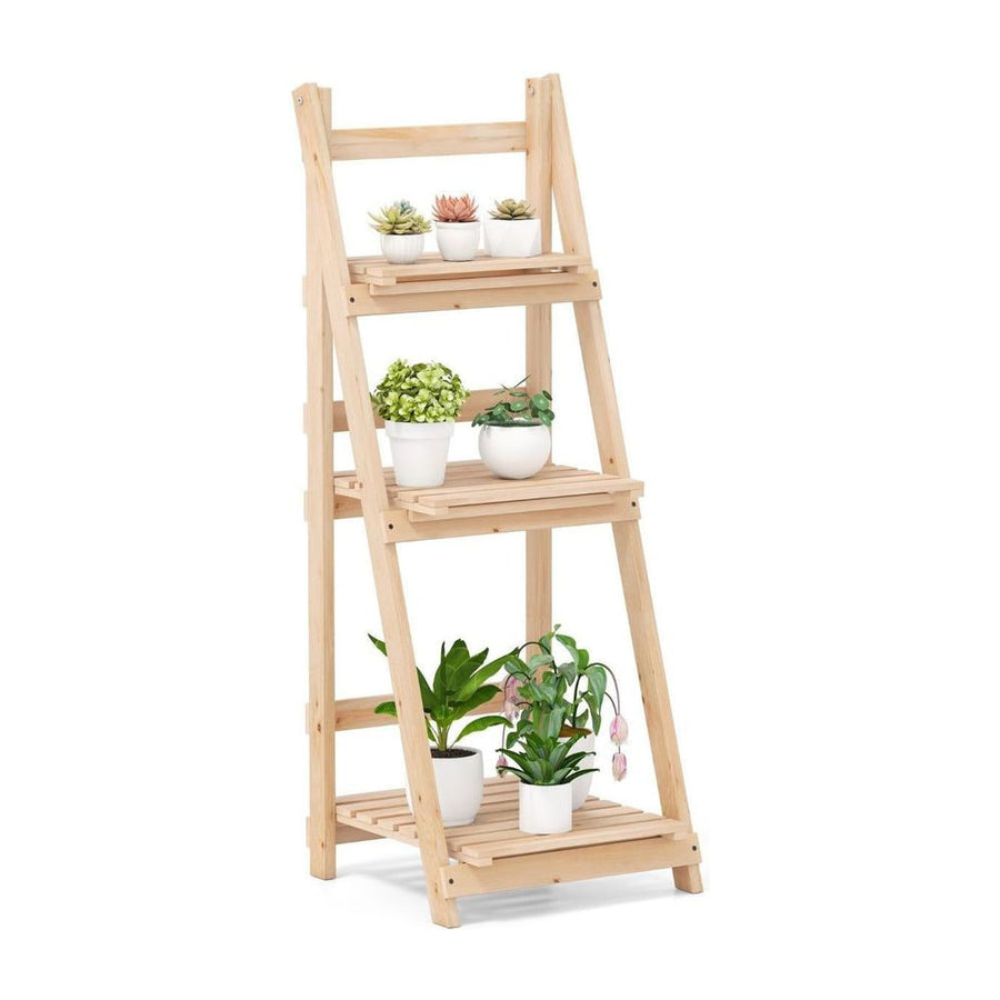 Foldable Ladder Storage Shelf for Potted Plants standing tall with three shelves holding various potted plants