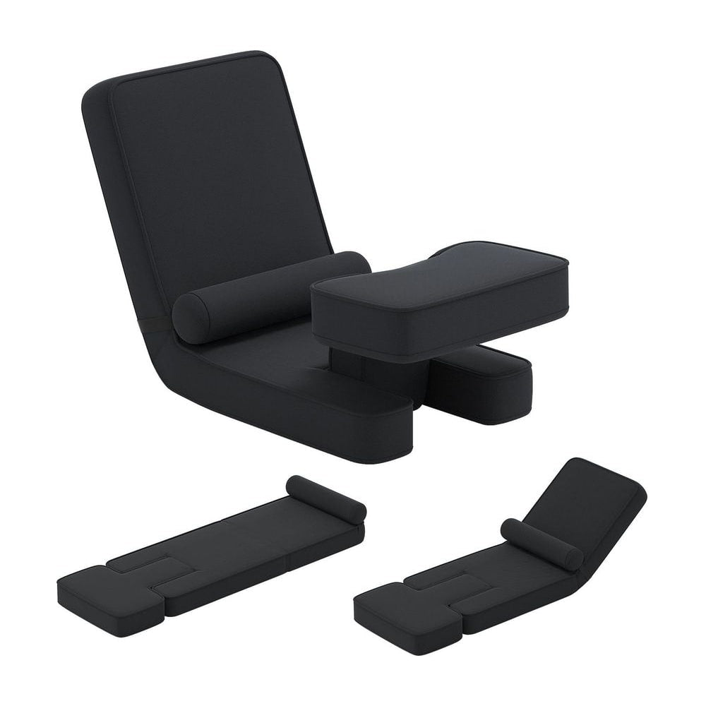 Foldable Lazy Sofa 5-Level Adjustable with Footrest and Tabletop in black, shown in three configurations