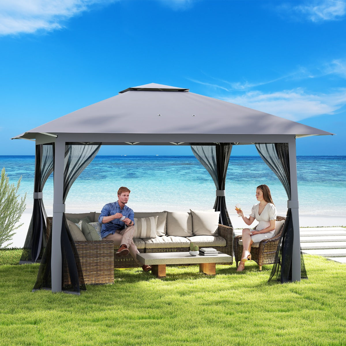 Foldable Canopy Tent with Mesh Netting and Double Roof -Grey