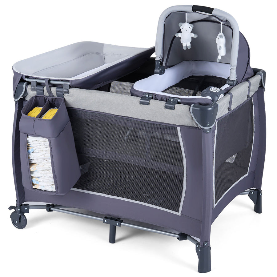 Foldable Pack and Play Portable Baby Playard with Rocking Bassinet and Diaper Changing Table-Black