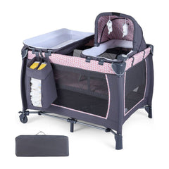 Foldable Pack and Play Portable Baby Playard with rocking bassinet and diaper changing table in light pink
