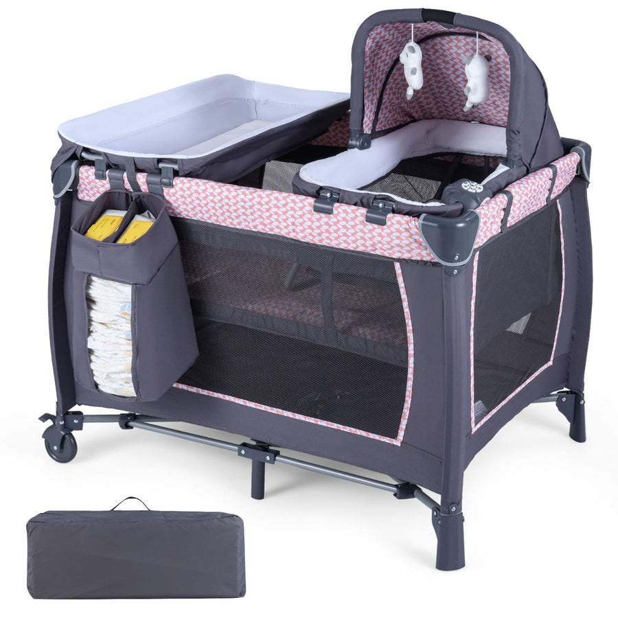 Foldable Pack and Play Portable Baby Playard with Rocking Bassinet and Diaper Changing Table-Light Pink
