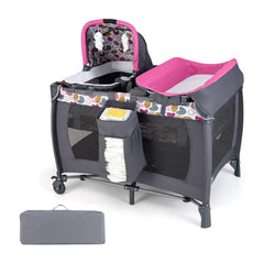Foldable Pack and Play Portable Baby Playard with a storage bag placed in front on a white background