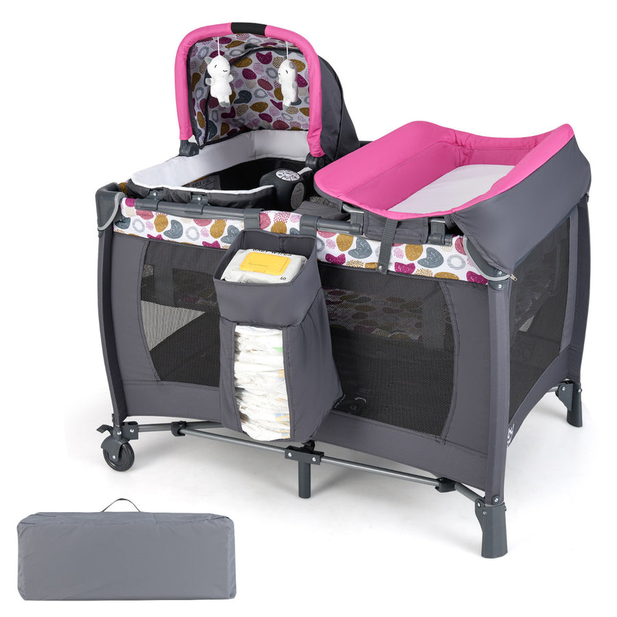 Foldable Pack and Play Portable Baby Playard with Rocking Bassinet and Diaper Changing Table-Pink