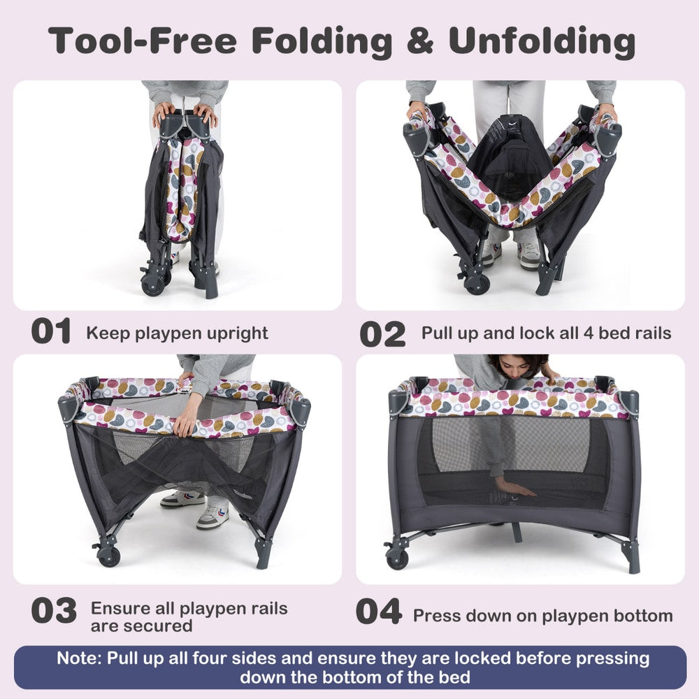 The portable baby playard showing four steps for tool-free folding and unfolding the frame