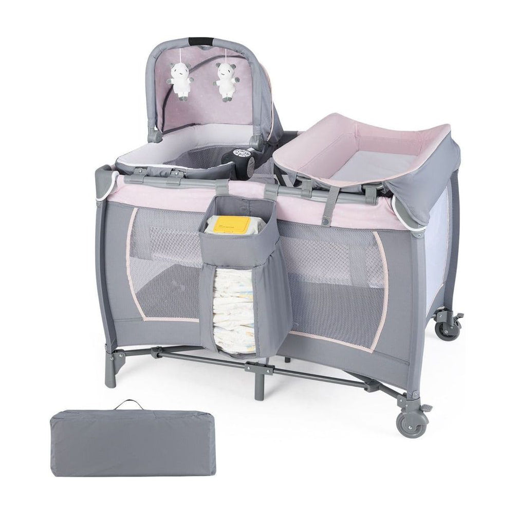 Foldable Pack and Play Portable Baby Playard with rocking bassinet and changing table in pink and grey