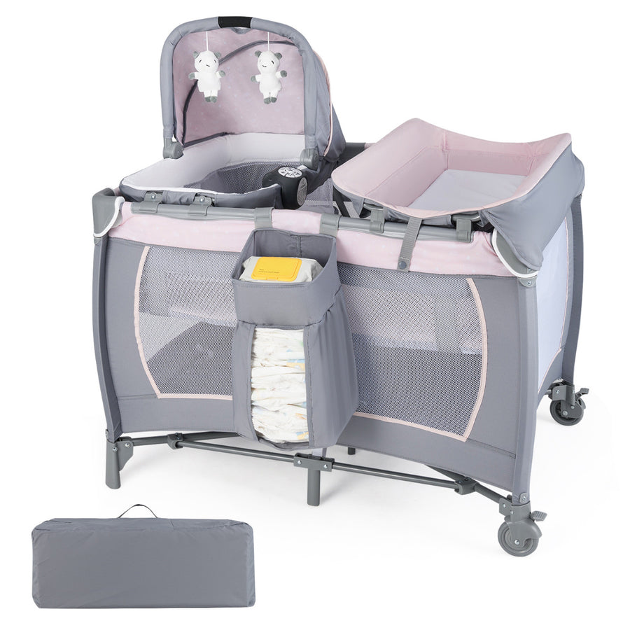 Foldable Pack and Play Portable Baby Playard with Rocking Bassinet and Diaper Changing Table-Pink & Grey