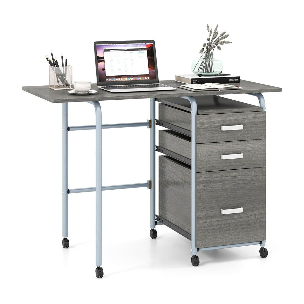 Folding Computer Desk with three drawers and rolling wheels in grey finish