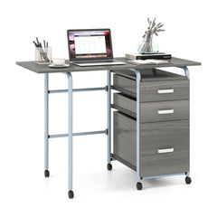 Folding Computer Desk with three drawers and rolling wheels in grey finish