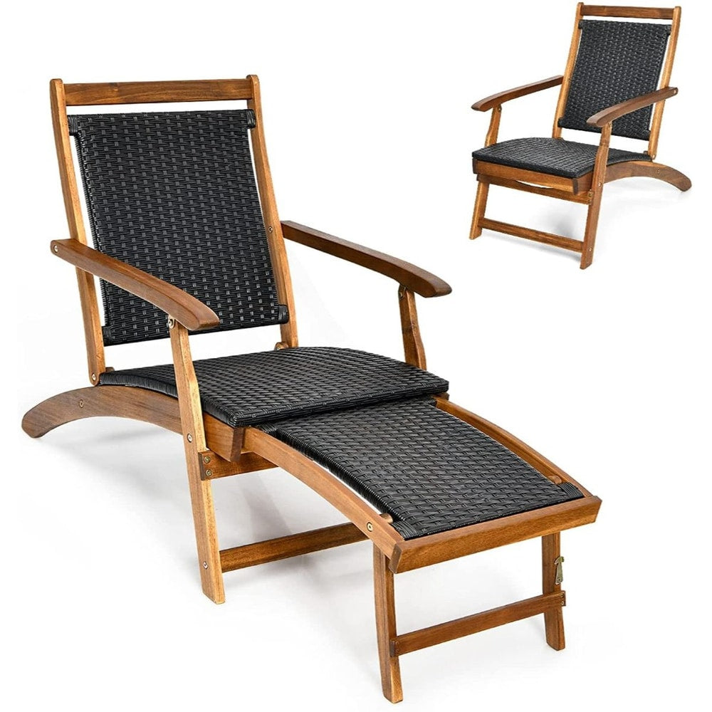 Folding Deck Reclining Chair with Retractable Footrest fully assembled and shown from the front with the footrest extended