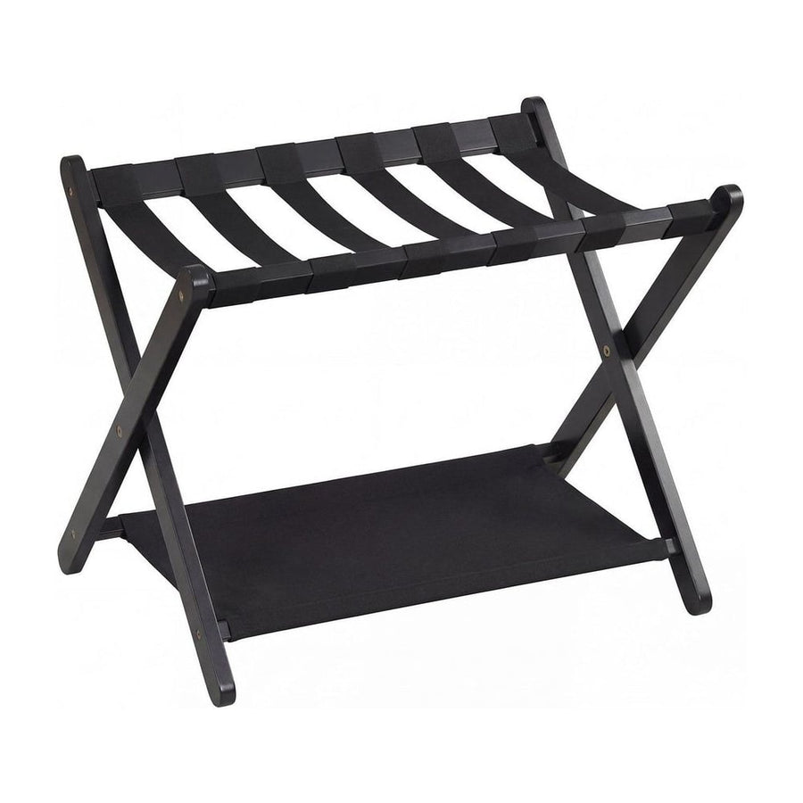 Folding Luggage Rack Solid Rubberwood Suitcase Stand with black nylon shelves