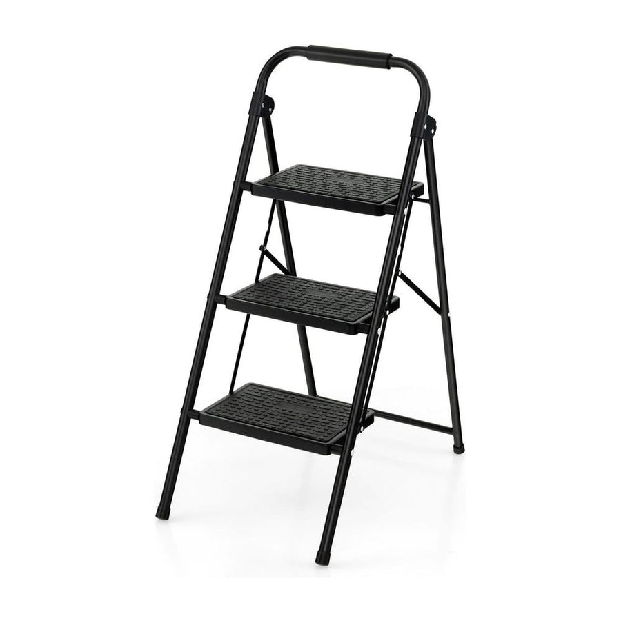 Folding Portable 3 Step Ladder in black with a top handle and textured anti-slip steps