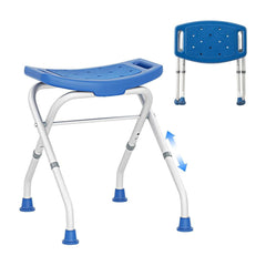 Folding Portable Shower Seat with Adjustable Height for Bathroom-Blue, a blue seat on a white frame with blue feet