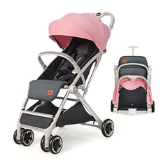 Folding Pushchair with Adjustable Backrest and Footrest in pink, shown open and folded