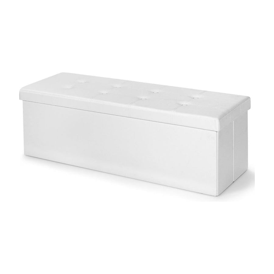 Folding Storage Ottoman Bench with Lid in white with a button-tufted top surface