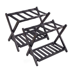 Folding Suitcase Stand in black with fabric straps and a bottom storage shelf