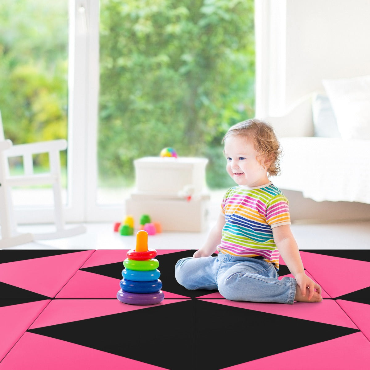 240cm PU Leather Folding Gymnastics Mat-Pink &amp;amp;amp; Black