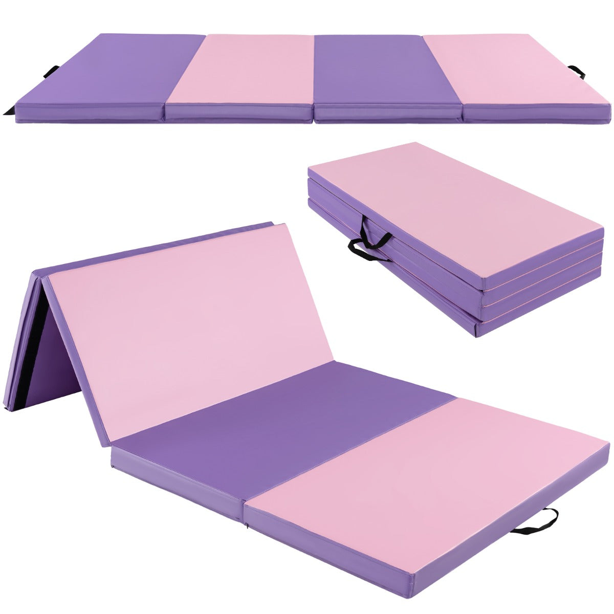 Folding Gymnastics Mat with Carry Handles Hook and Loop Fasteners-Pink &amp; Purple