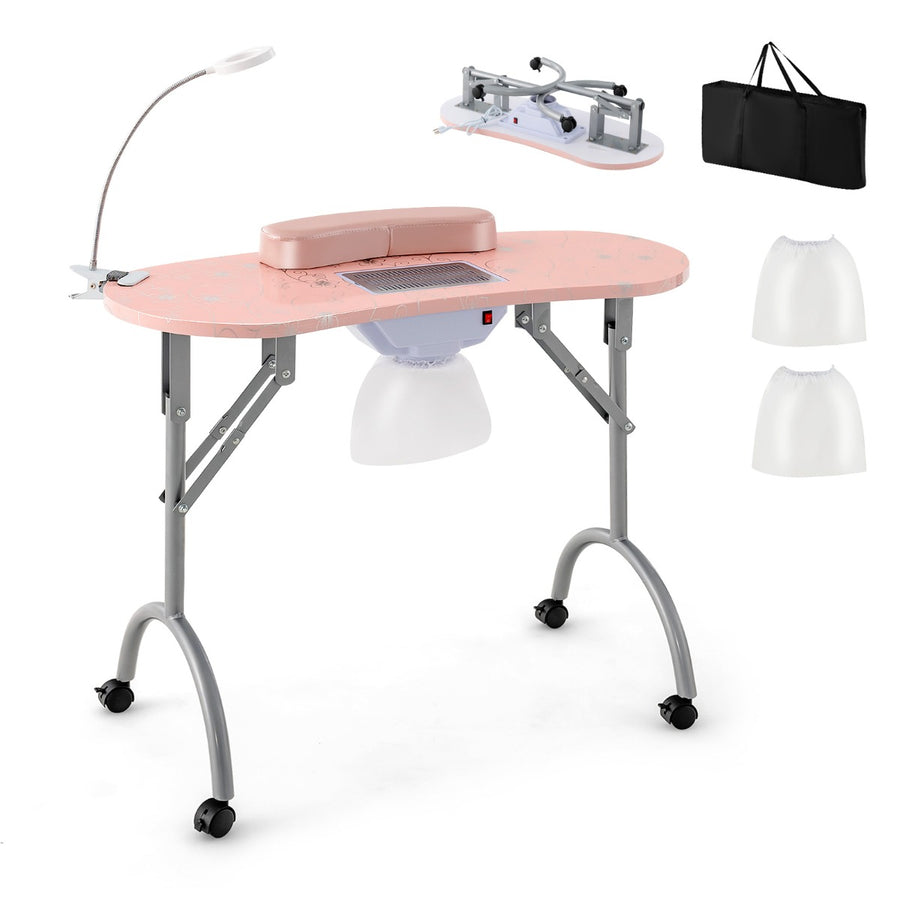 Folding Manicure Nail Table with Electric Dust Collector-Pink