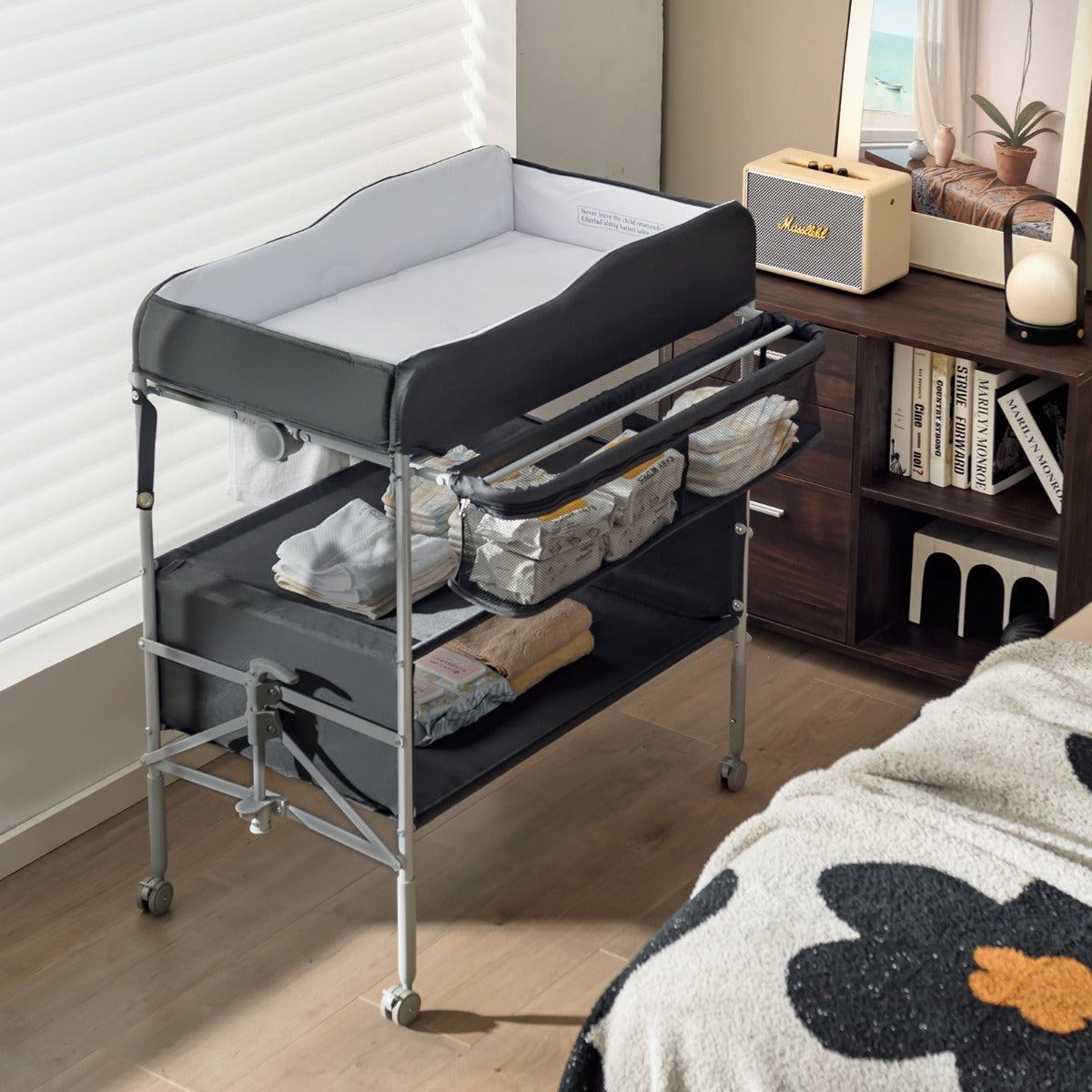 Folding Nursery Changing Table with Lockable Wheels and Storage Basket-Black