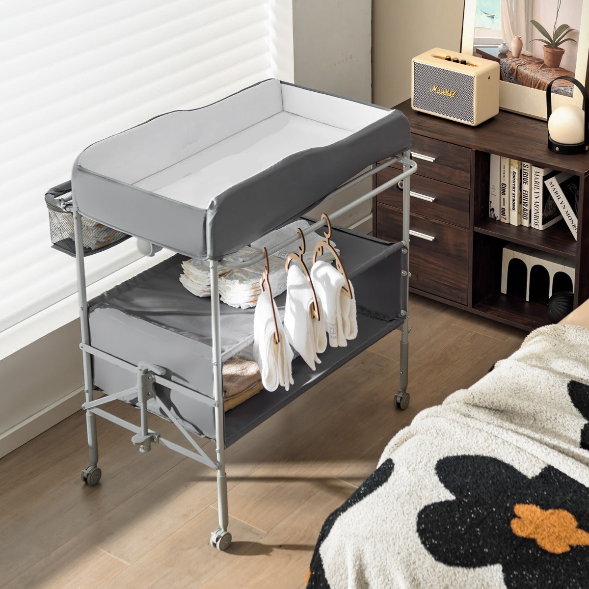 Folding Nursery Changing Table with Lockable Wheels and Storage Basket-Grey
