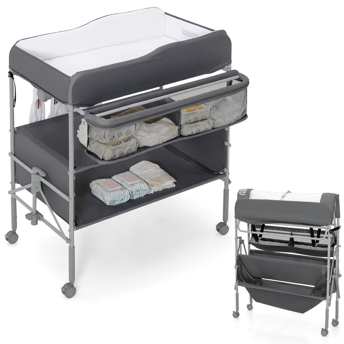 Folding Nursery Changing Table with Lockable Wheels and Storage Basket-Grey