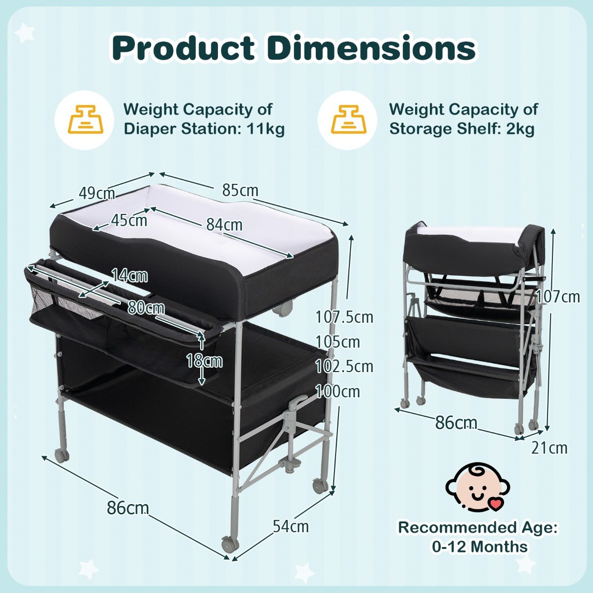 Folding Nursery Changing Table with Lockable Wheels and Storage Basket-Black