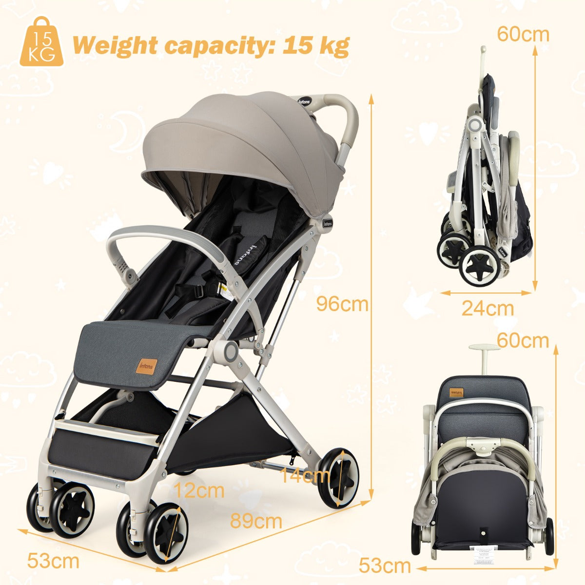 Folding Pushchair with Adjustable Backrest and Footrest-Light Grey