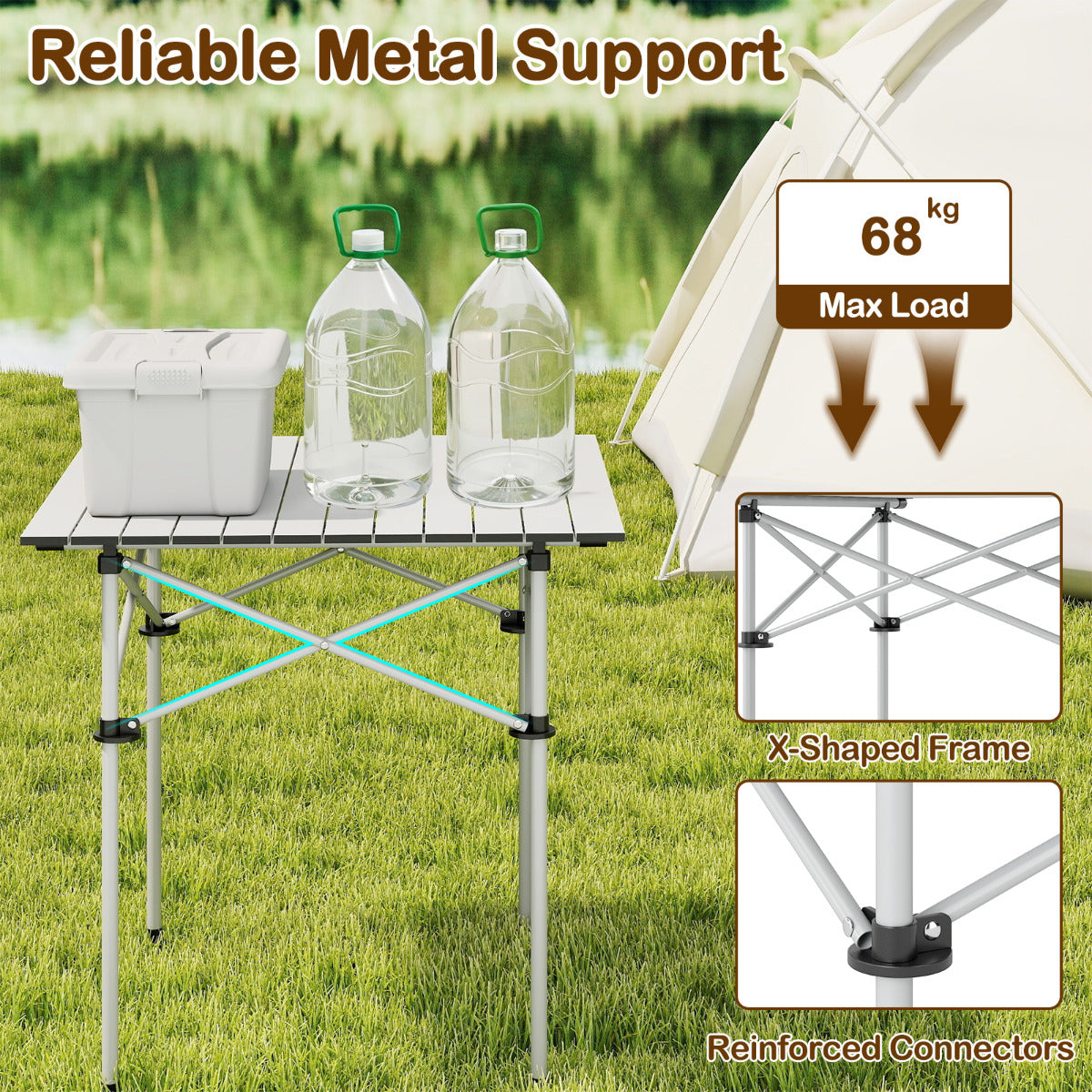 Folding Roll-up Aluminium Camping Table for 4-Silver