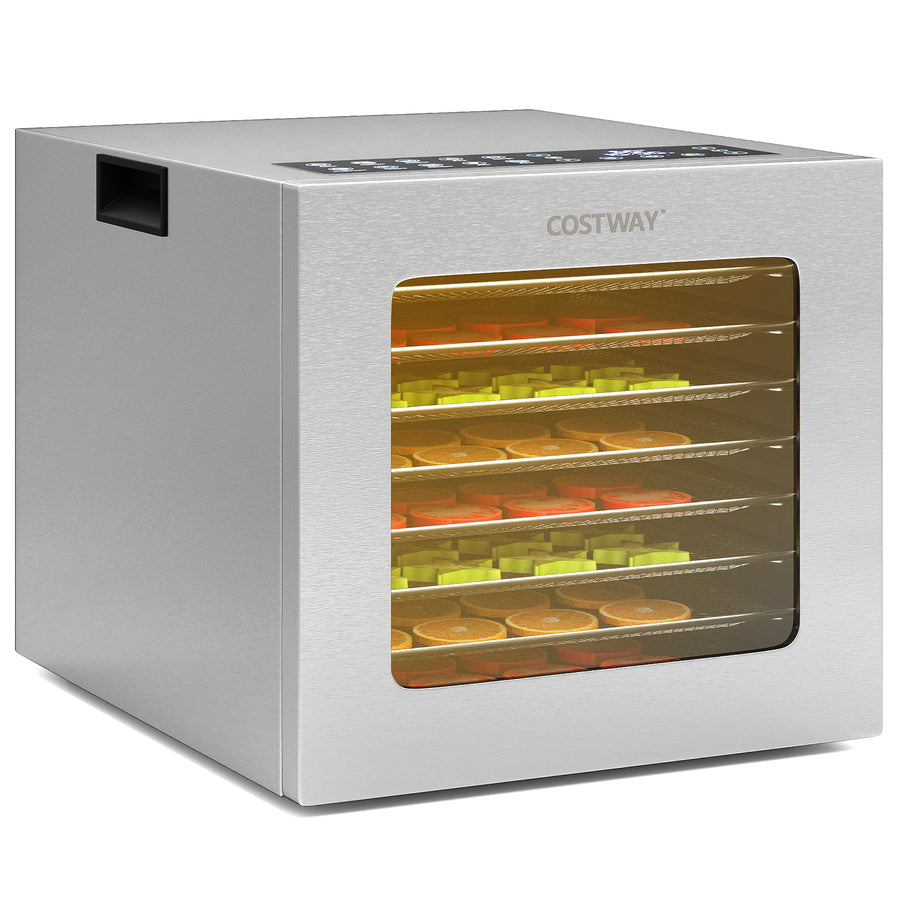 Food Dehydrator Machine with 8 Stainless Steel Trays in silver, showing the front with trays inside