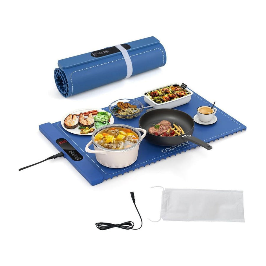 Food Warming Mat Rollable and Portable Electric Warming Tray shown with food and accessories
