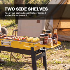 Outsunny Portable BBQ Grill, Foldable Charcoal Grill for Camping and Picnics with 2 Side Shelves and Handle, Yellow